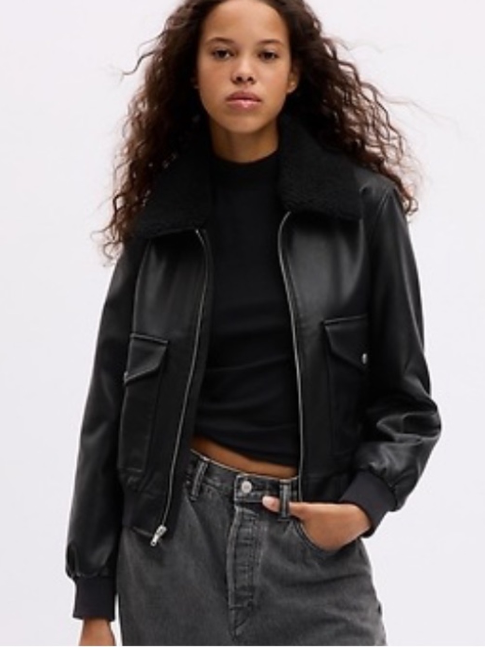 GAP Black Vegan Leather Flight Jacket with Shearling Collar